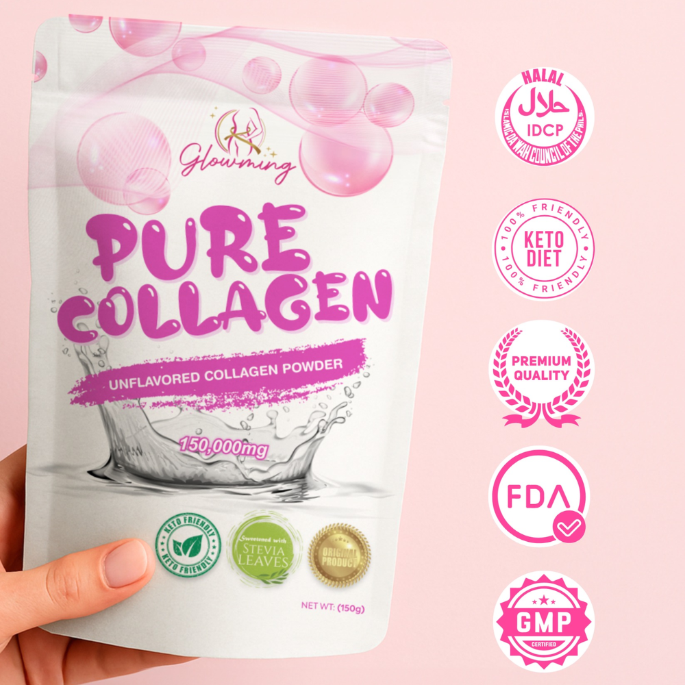 Glowming Shape by CC Pure Collagen Unflavored Collagen Powder 150g Package of Pure Collagen powder with various certification logos on a pink background
