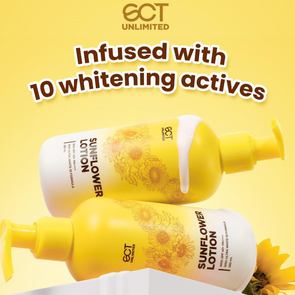 Sunflower Lotion 250ml by SCT Unlimited with brightening formula and pump dispenser on yellow background