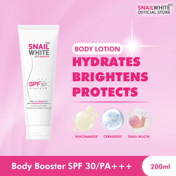 Snail White body lotion on a pink background with product details. SNAILWHITE Body Booster SPF30/PA+++ UVA/UVB