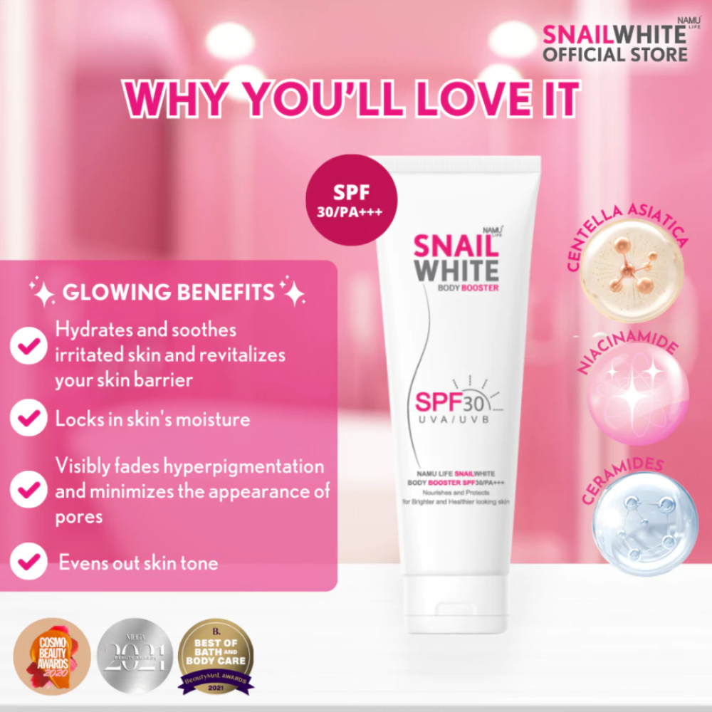 Snail White sunscreen product with pink background and text highlighting benefits SNAILWHITE Body Booster SPF30/PA+++ UVA/UVB