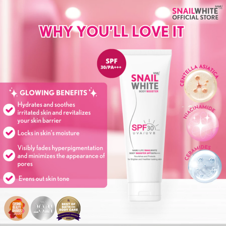 Snail White sunscreen product with pink background and text highlighting benefits SNAILWHITE Body Booster SPF30/PA+++ UVA/UVB