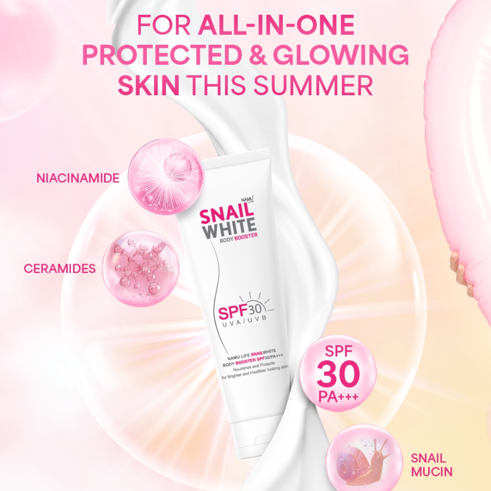 Snail White body booster with SPF 30 on a pink and white gradient background SNAILWHITE Body Booster SPF30/PA+++ UVA/UVB