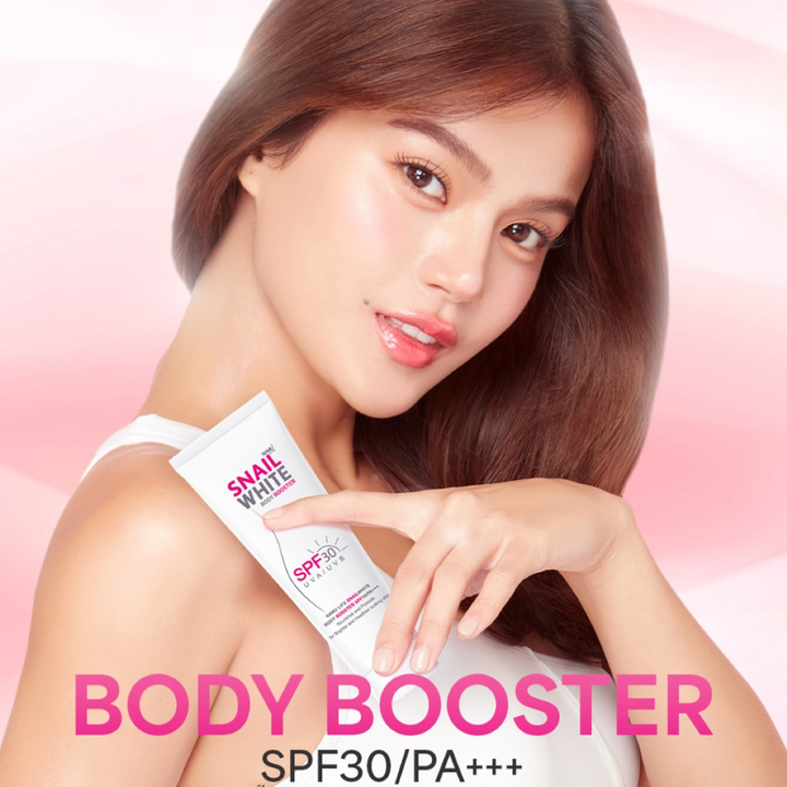 Woman holding a skincare product with 'Body Booster' text on a pink background SNAILWHITE Body Booster SPF30/PA+++ UVA/UVB Maris Racal