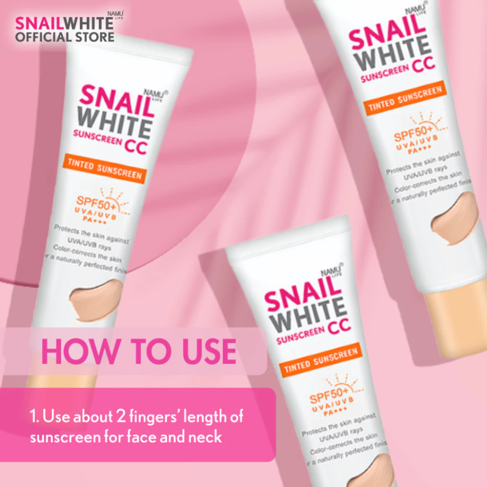 Snail White Sunscreen CC cream with application instructions on a pink background