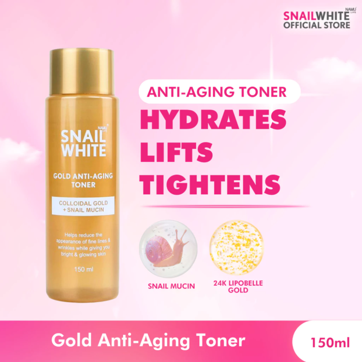 Snail White Gold Anti-Aging Toner bottle on a pink background with product benefits text hydrates, lifts, tightens