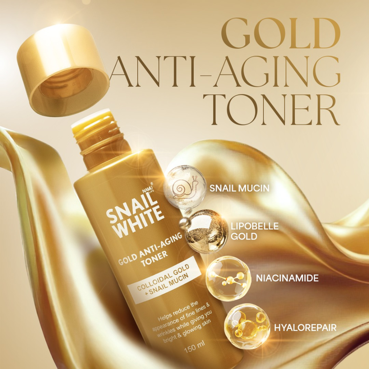 Snail White gold anti-aging toner bottle with snail mucin, lipobelle gold, niacinamide, and hyalorepair on a beige background.