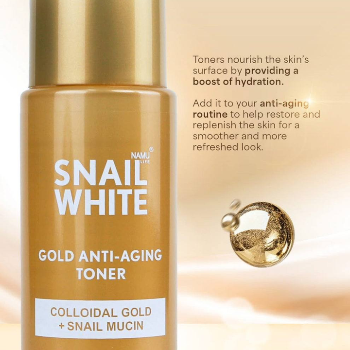 Snail White Gold Anti-Aging Toner bottle with text about toners on a beige background