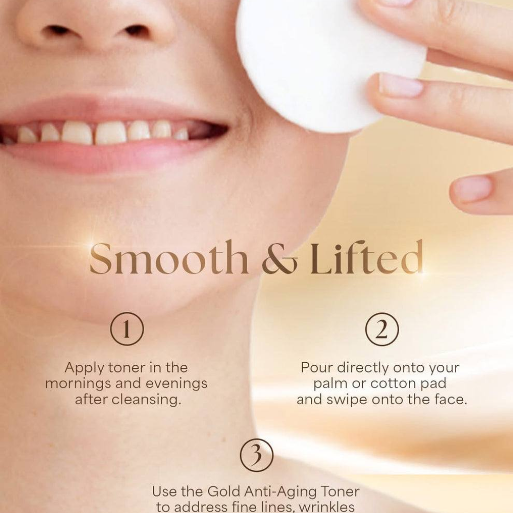 Snailwhite Gold Anti-aging Toner Cosmetic toner application with text on smooth and lifted skin