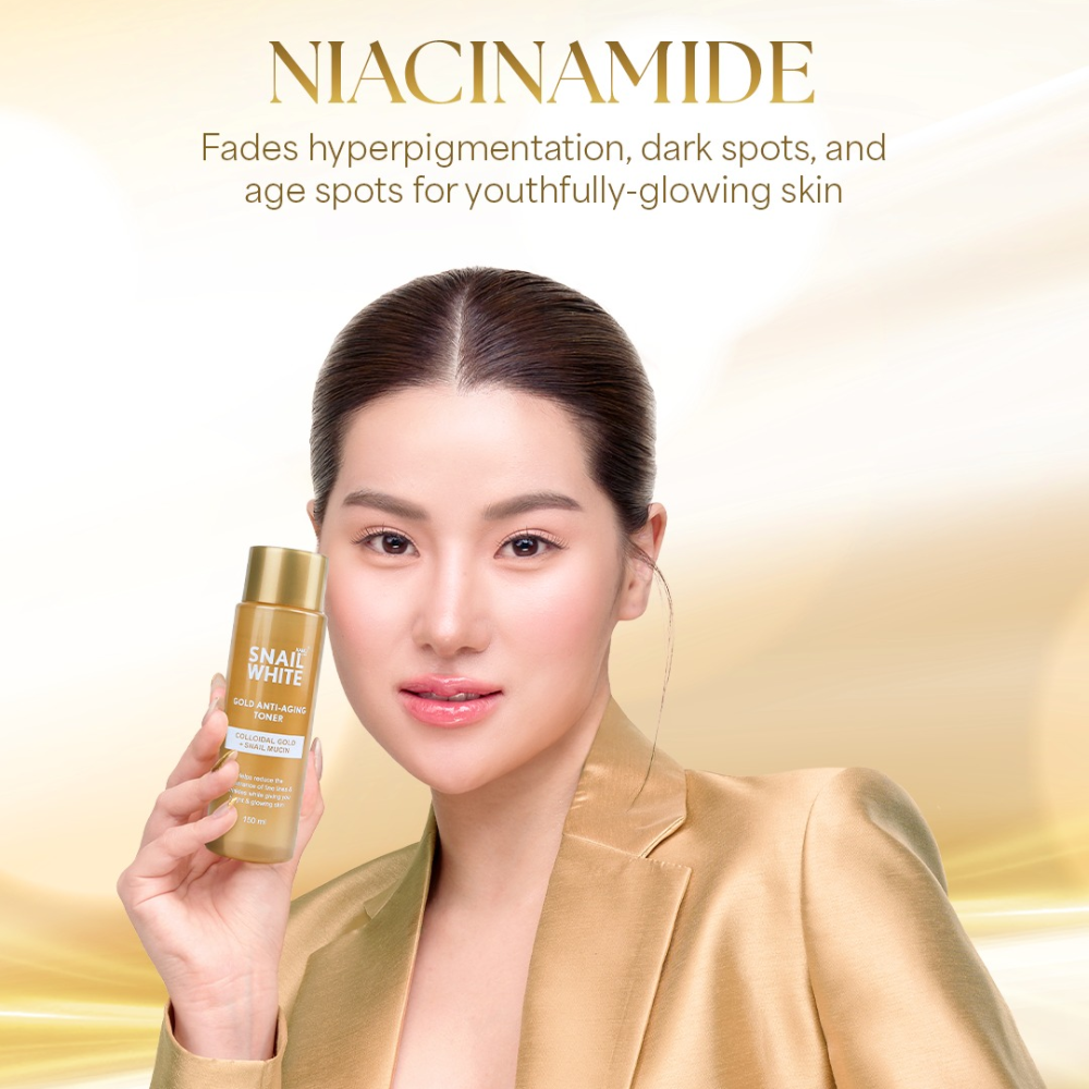 Woman holding a skincare product with Niacinamide benefits text on a gold gradient background