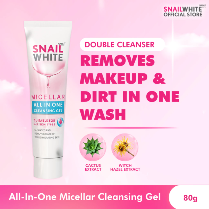 Snail White micellar cleansing gel on a pink background with product details. SNAILWHITE Micellar All In One Cleansing Gel 80ml