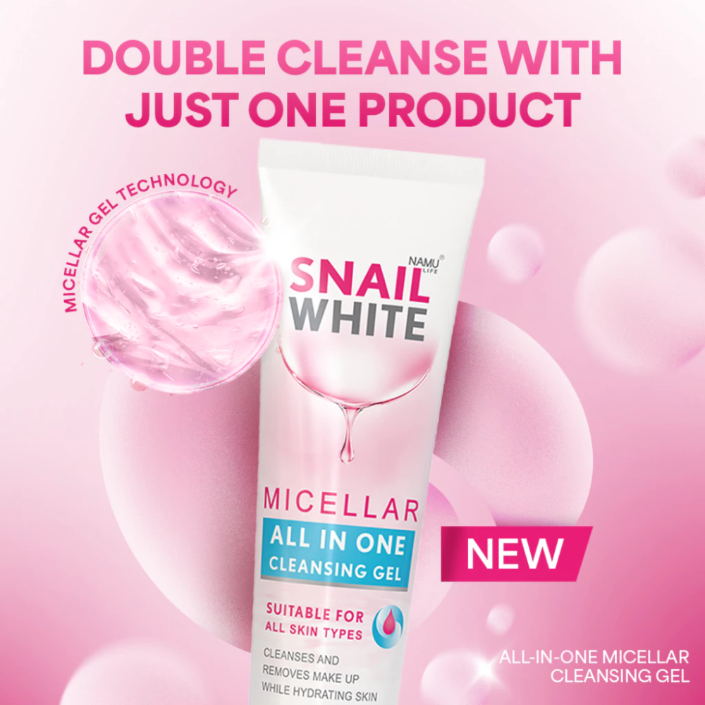 Snail White micellar cleansing gel on a pink background with text about double cleanse. SNAILWHITE Micellar All In One Cleansing Gel 80ml