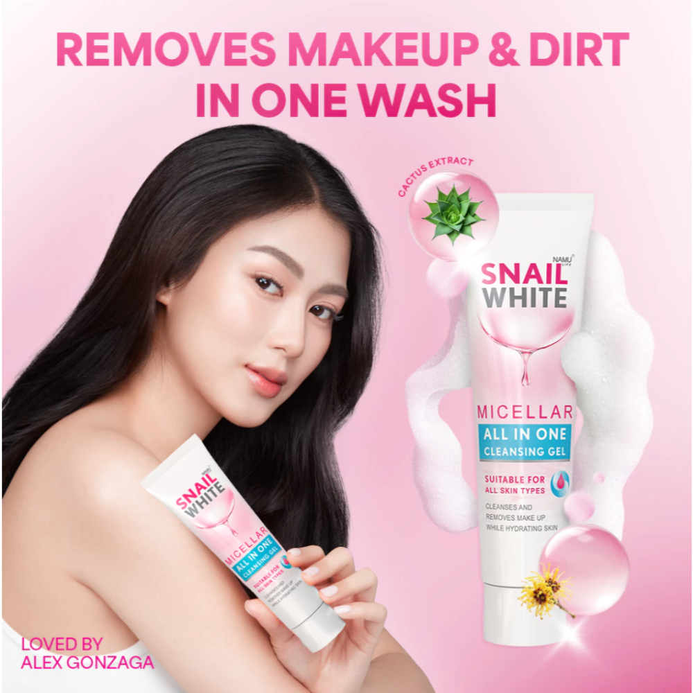 Woman holding a Snail White micellar cleansing gel with product packaging on a pink background SNAILWHITE Micellar All In One Cleansing Gel 80ml