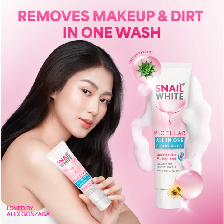 Woman holding a Snail White micellar cleansing gel with product packaging on a pink background SNAILWHITE Micellar All In One Cleansing Gel 80ml