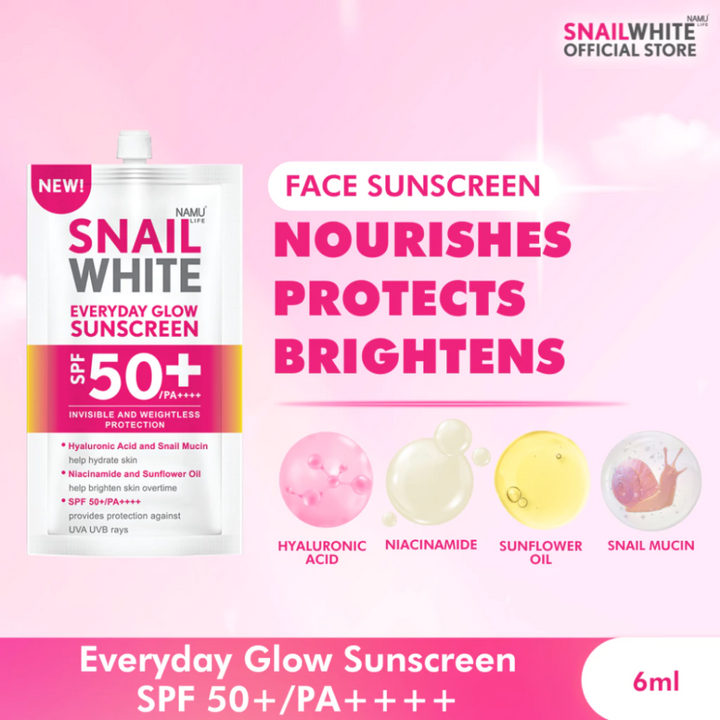 Snail White sunscreen packaging with product details on a pink background SNAILWHITE Everyday Glow Sunscreen SPF 50