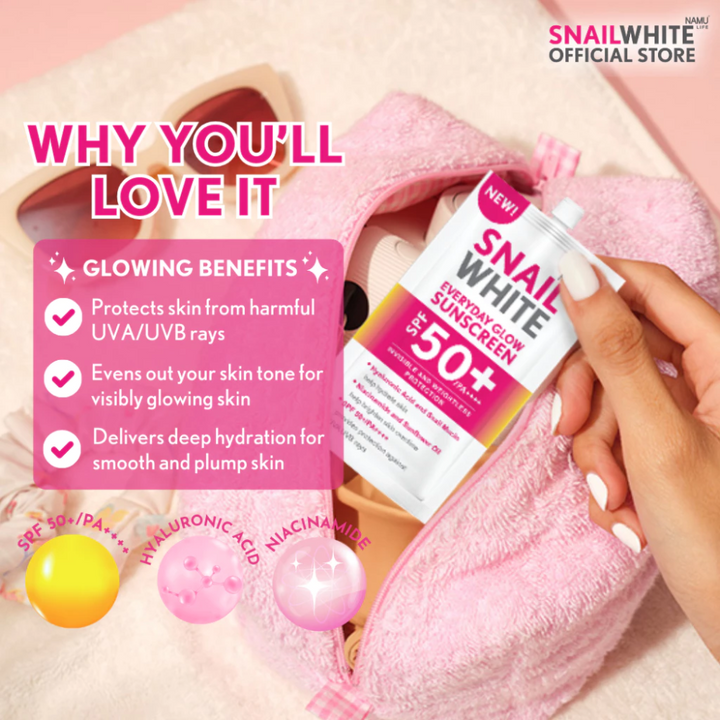 Snail White sunscreen packaging with product benefits highlighted SNAILWHITE Everyday Glow Sunscreen SPF 50