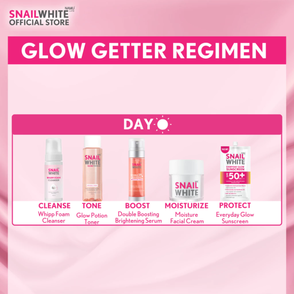 Snail White skincare product lineup on a pink background with 'Glow Getter Regimen' text. SNAILWHITE Everyday Glow Sunscreen SPF 50