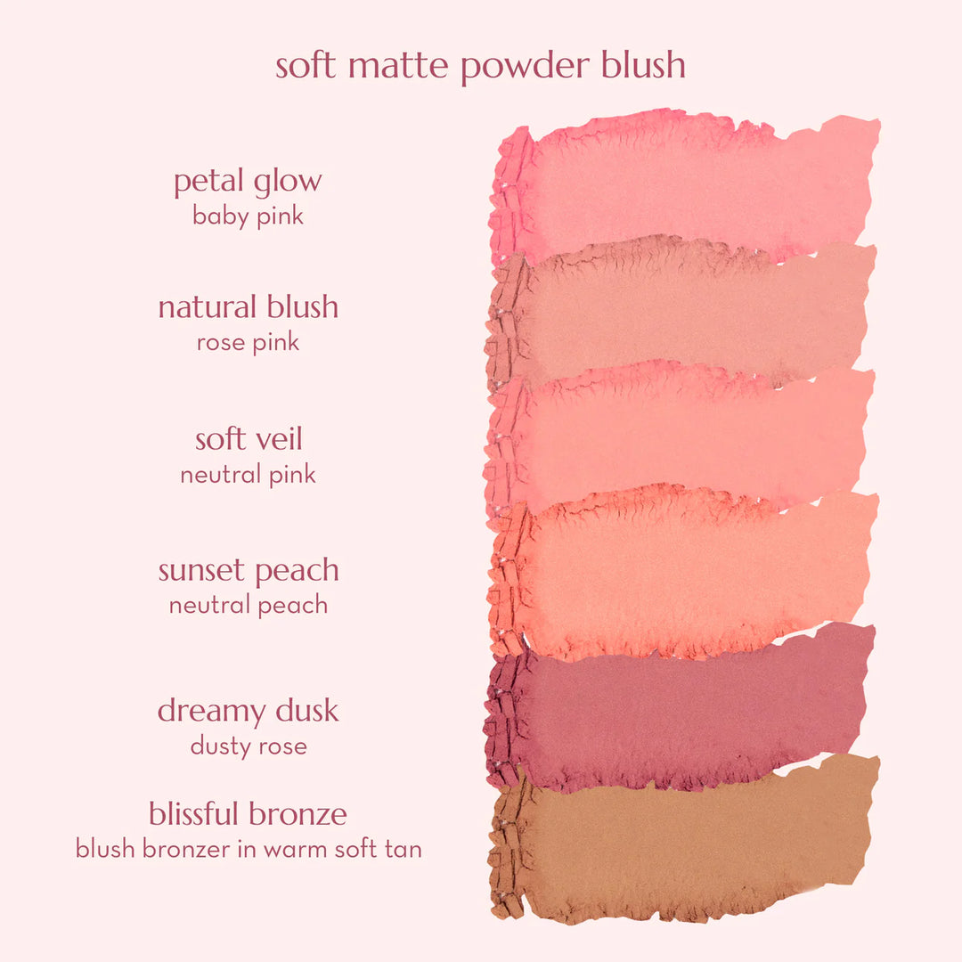 Color swatches of soft matte powder blushes with names and descriptions on a pink background