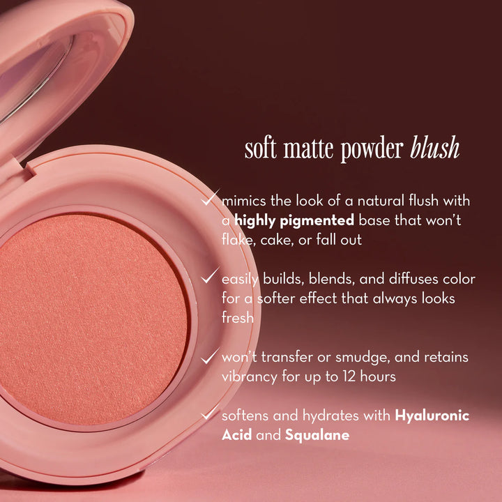 Open blush compact with pink blush and product description text on a matching background