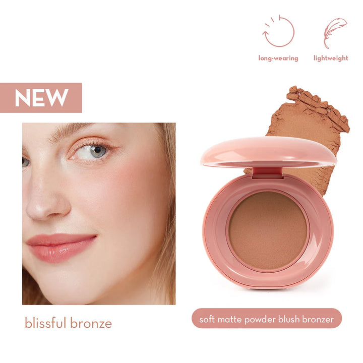 Soft matte powder blush bronzer with a close-up of a woman's face wearing it, labeled 'blissful bronze'.