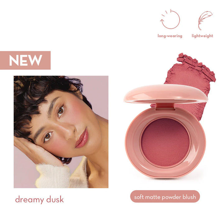 Blush compact with a swatch on a white background, featuring a model wearing the blush.