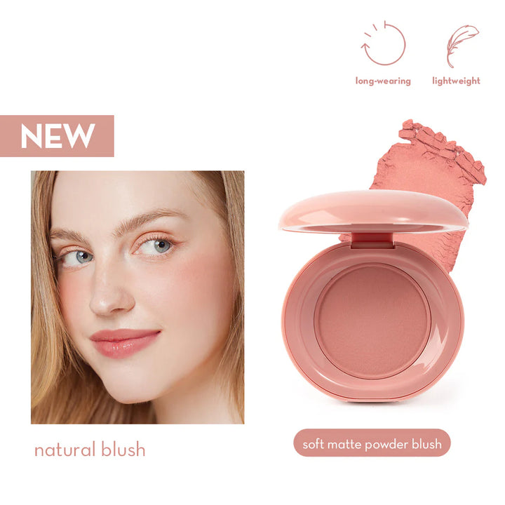Happy Skin Soft Matte Powder Blush in soft pink shade with lightweight, long-wearing formula by Happy Skin
