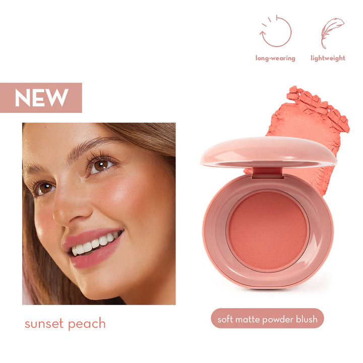Sunset peach blush with a model wearing it, labeled 'NEW' and 'soft matte powder blush'.