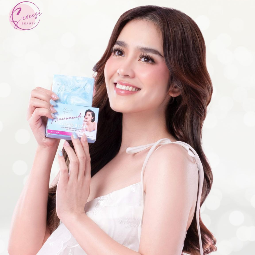 Woman holding a product package with a white background Sereese Beauty New Gen Niacinamide Cloud Soap 120g