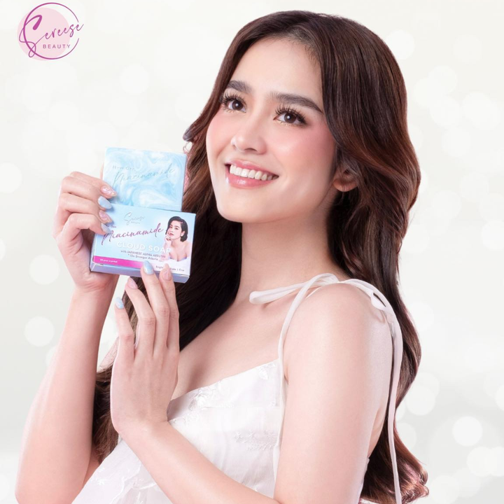 Woman holding a product package with a white background Sereese Beauty New Gen Niacinamide Cloud Soap 120g