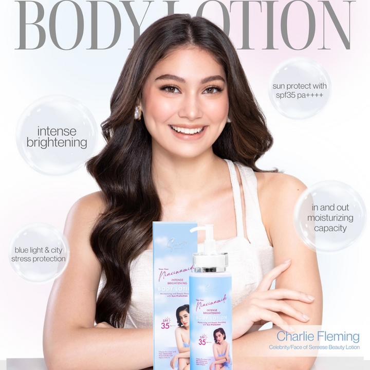 Woman holding skincare products with text on a white background Sereese Beauty New Gen Niacinamide Intense Brightening Body Lotion SPF35 PA+++ 235ml Charlie Fleming