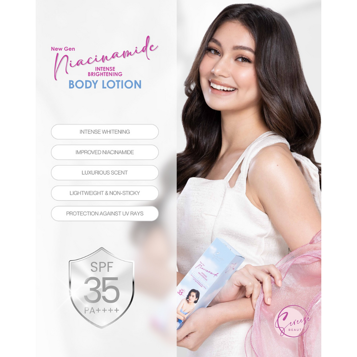 Woman with a body lotion product and text about its features on a white background Sereese Beauty New Gen Niacinamide Intense Brightening Body Lotion SPF35 PA+++ 235ml Charlie Fleming