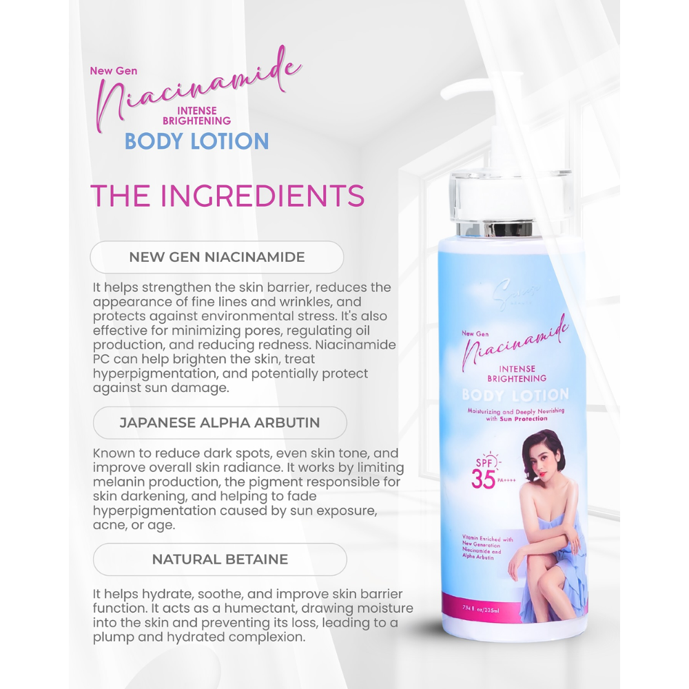 Body lotion with ingredients list on a white background Sereese Beauty New Gen Niacinamide Intense Brightening Body Lotion SPF35 PA+++ 235ml
