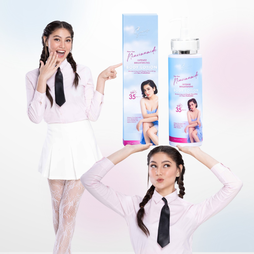 Two women holding Bacinmaid products against a white background Sereese Beauty New Gen Niacinamide Intense Brightening Body Lotion SPF35 PA+++ 235ml