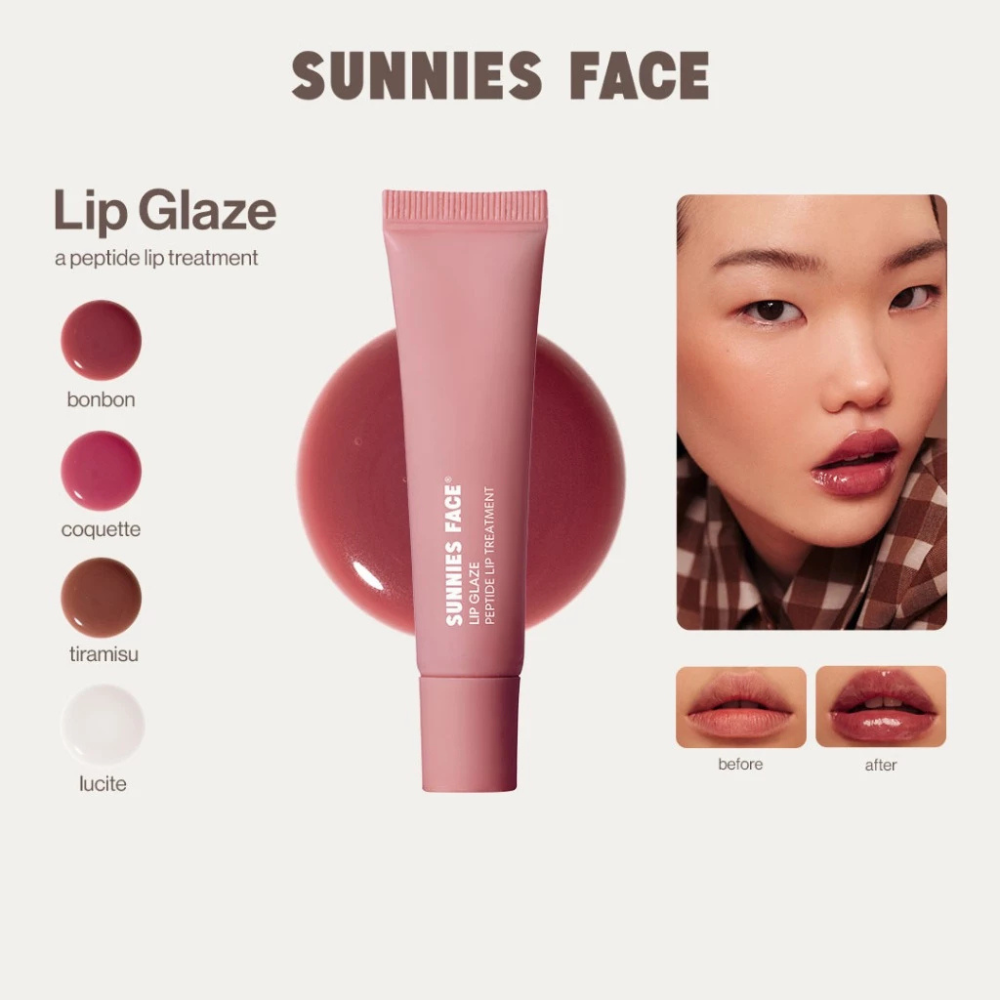 Lip Glaze - a peptide lip treatment by Sunnies Face in pink shade with glossy finish and plumping effect on model lips