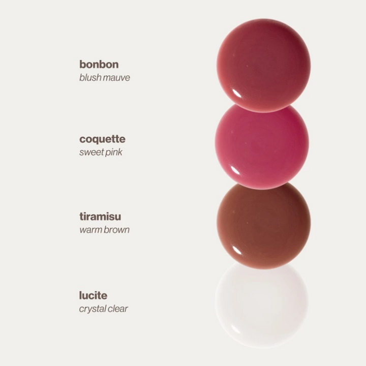 Lip Glaze - a peptide lip treatment by Sunnies Face showing shades bonbon blush mauve, coquette sweet pink, tiramisu warm brown, lucite crystal clear