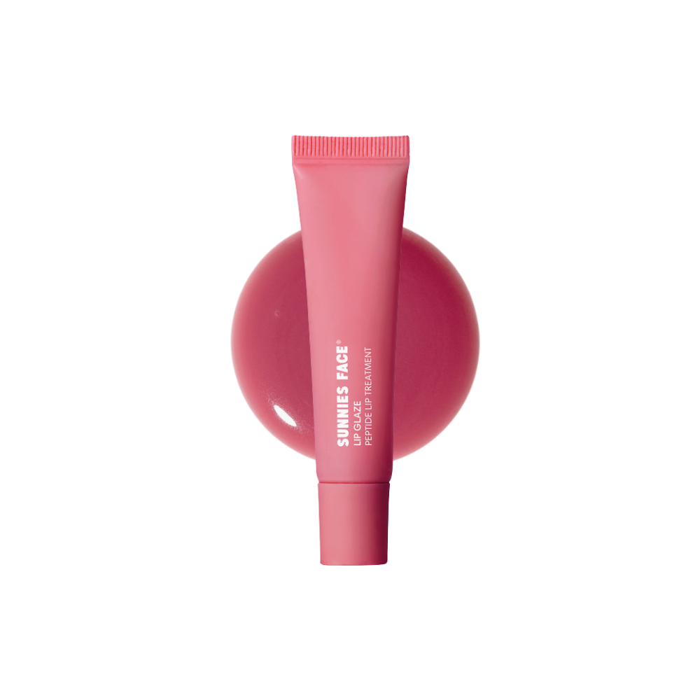 Lip Glaze - a peptide lip treatment by Sunnies Face in pink tube with glossy lip tint swatch background