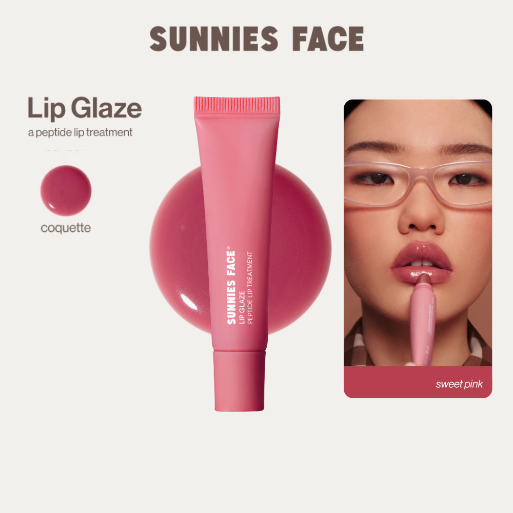 Lip Glaze - a peptide lip treatment by Sunnies Face in sweet pink with glossy, plumping finish on lips