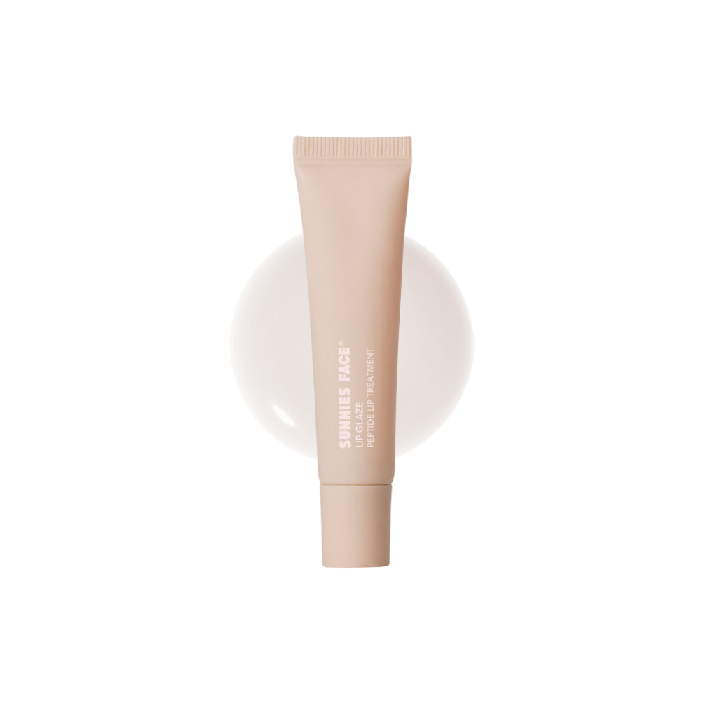 Lip Glaze - a peptide lip treatment by Sunnies Face in sleek beige tube with glossy peptide lip mask background 