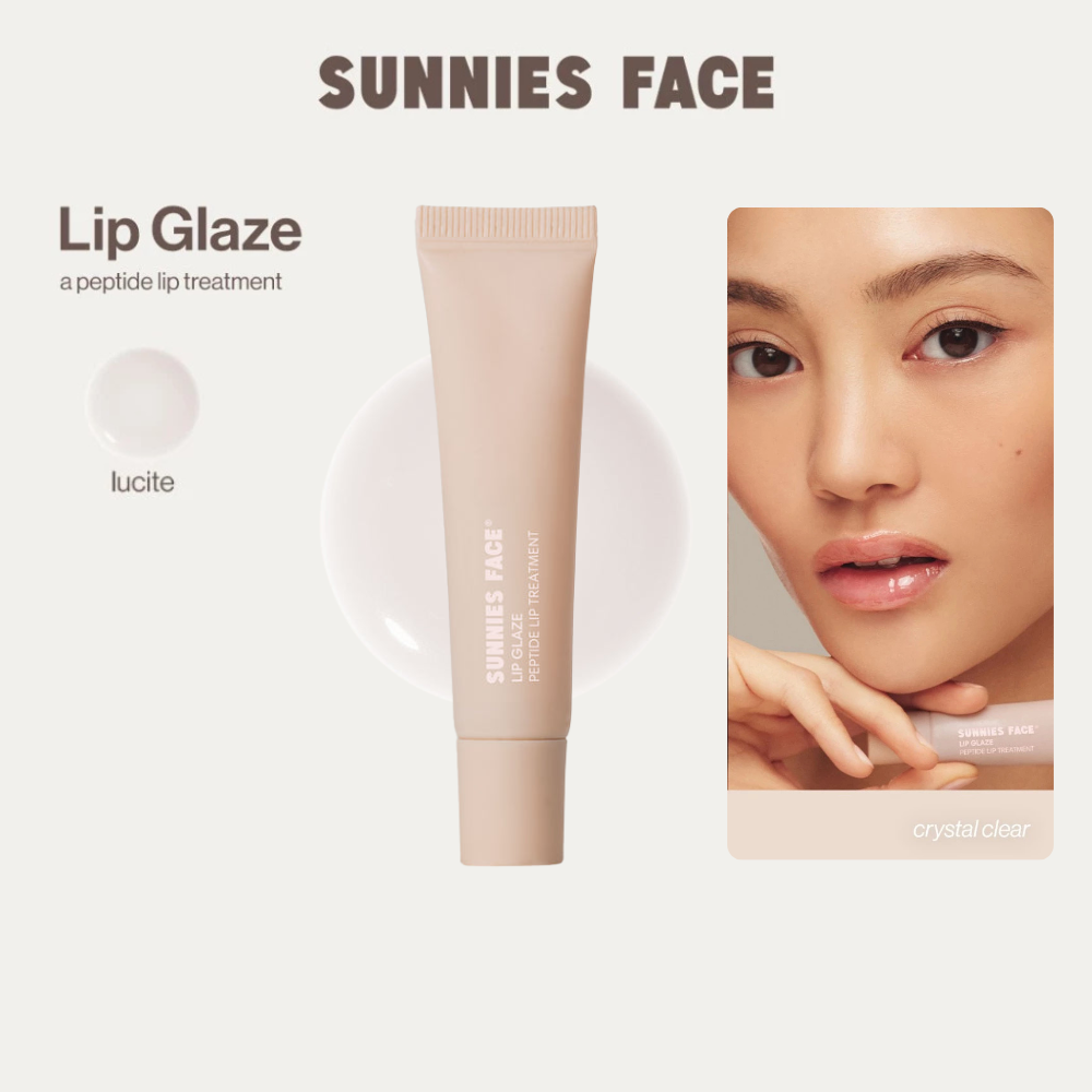 Lip Glaze - a peptide lip treatment by Sunnies Face shown with clear glossy finish on model’s lips