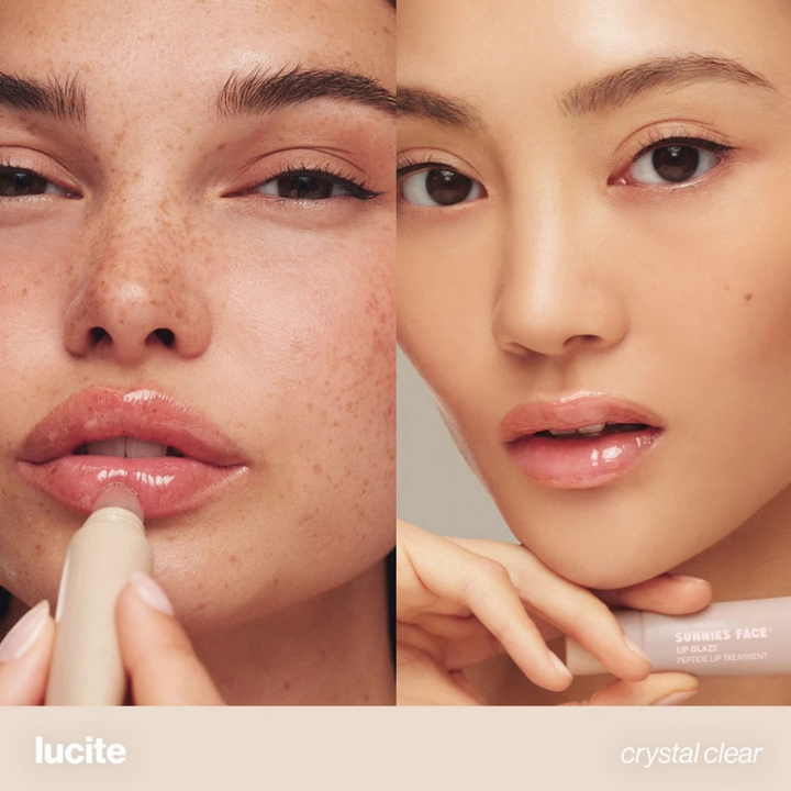 Close-up of lips wearing Lip Glaze - a peptide lip treatment by Sunnies Face in glossy crystal clear finish