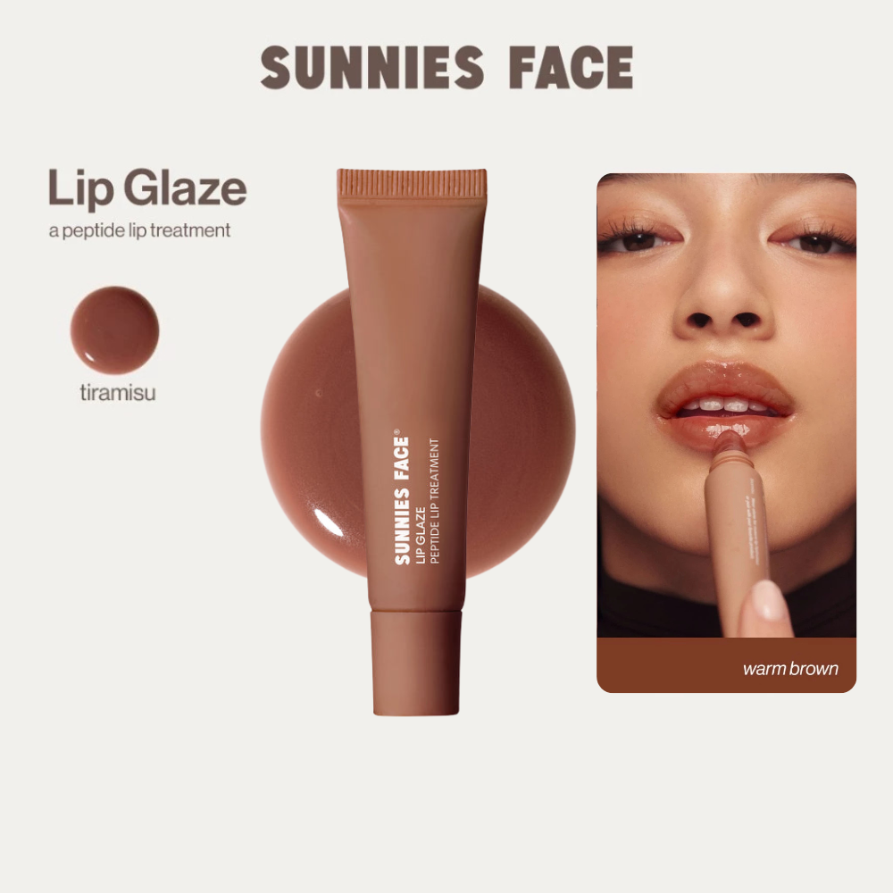 Lip Glaze - a peptide lip treatment by Sunnies Face in tiramisu warm brown shade with glossy finish on lips