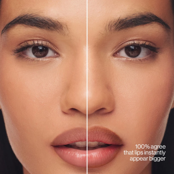 Close-up of a woman's face with a side-by-side comparison of lips, emphasizing lip size. Sunnies Face Lip Tracer 