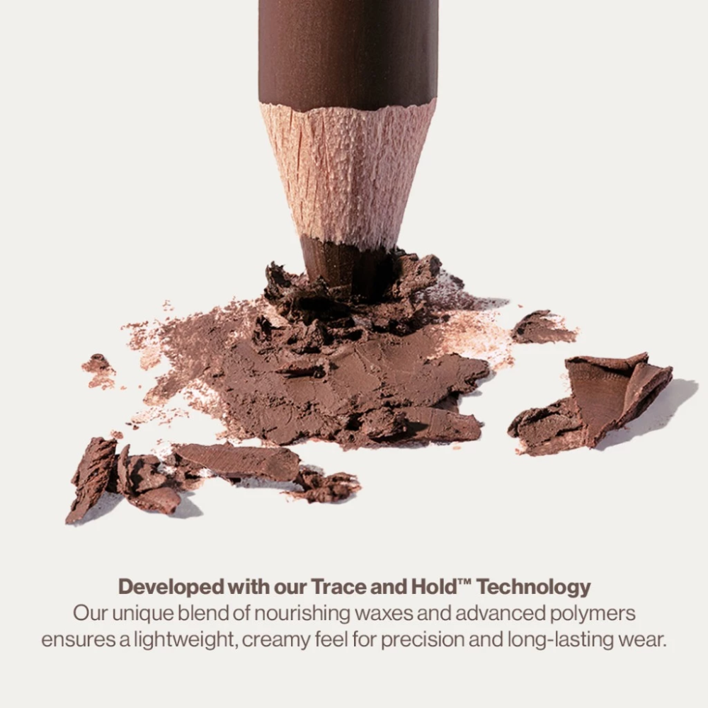 Makeup pencil with shavings on a light background, featuring Trace and Hold technology text. Sunnies Face Lip Tracer 