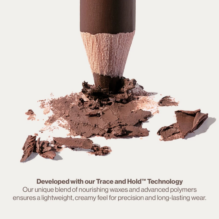 Makeup pencil with shavings on a light background, featuring Trace and Hold technology text. Sunnies Face Lip Tracer 