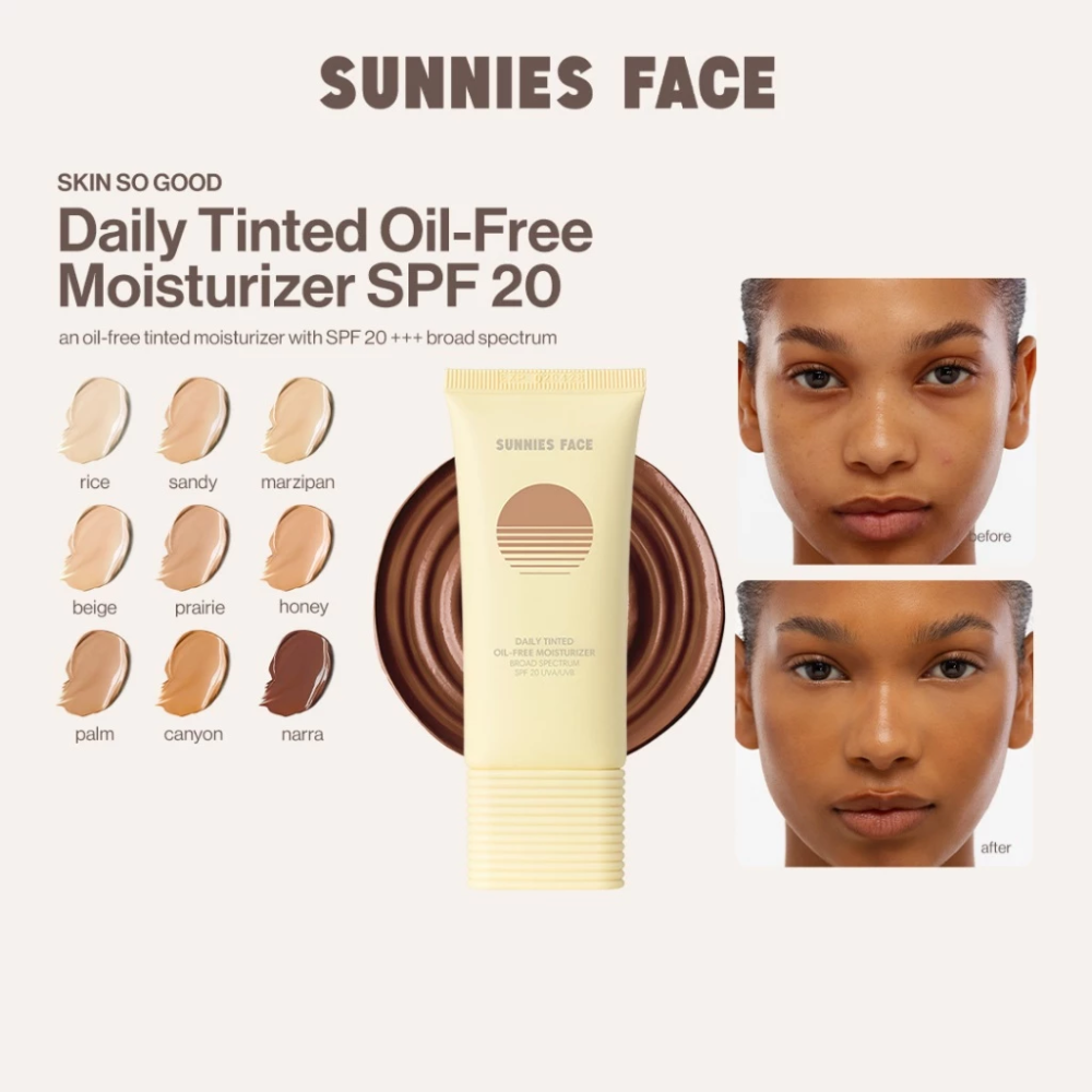 Sunnies Face Daily Tinted Oil-Free Moisturizer SPF 20 with color swatches and a model's face. 