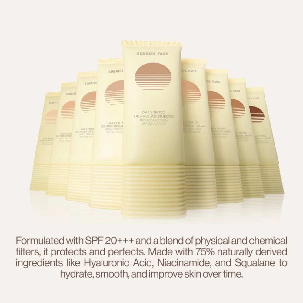 Multiple skincare products with SPF 20++ on a light background Sunnies Face Daily Tinted Oil-Free Moisturizer SPF 20