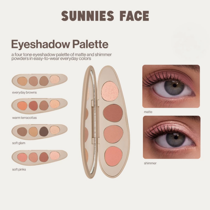 Sunnies Face eyeshadow palette with color swatches and application examples.