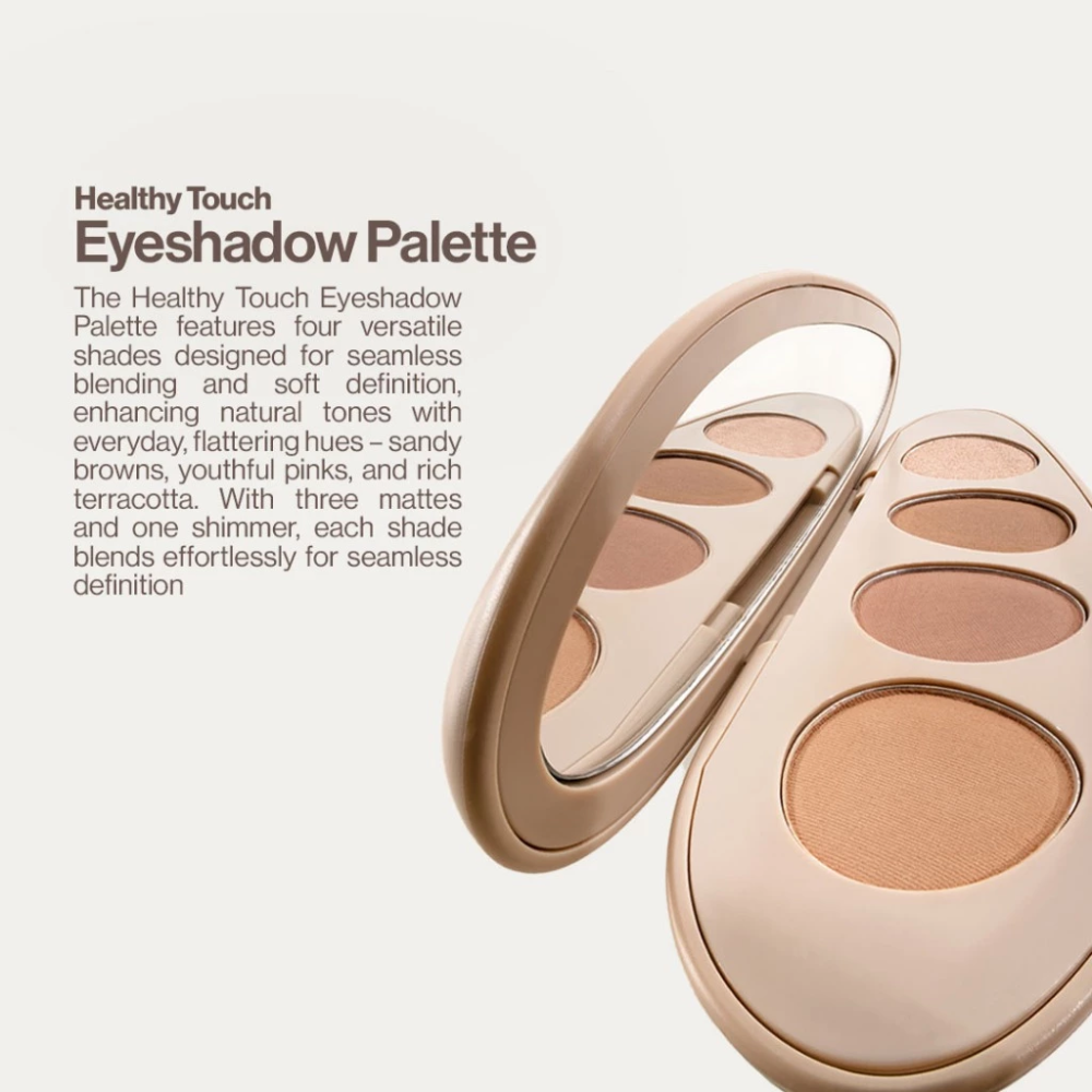 Open eyeshadow palette with product description on a white background