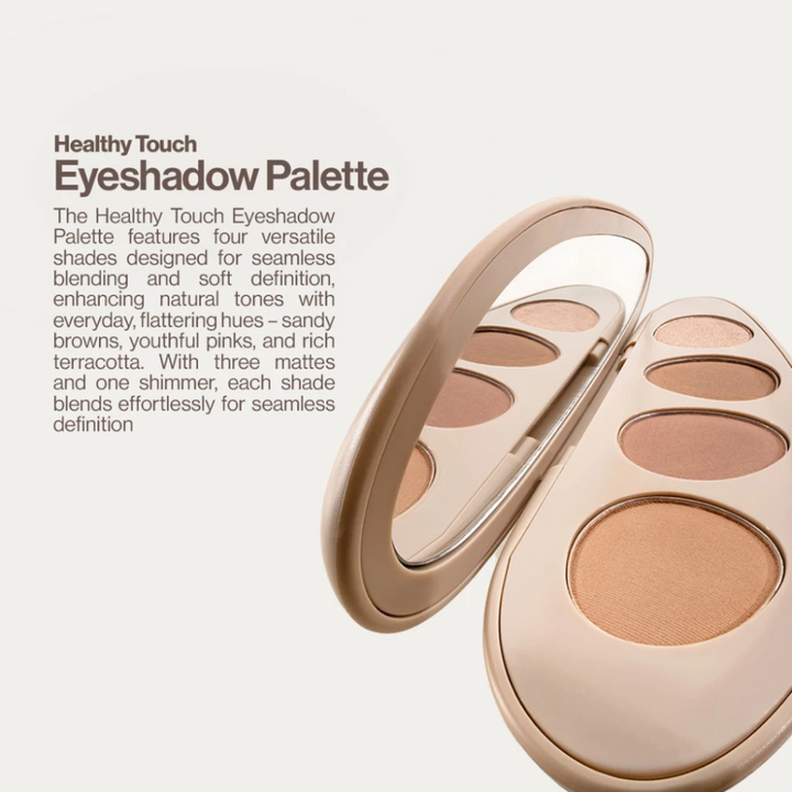 Open eyeshadow palette with product description on a white background