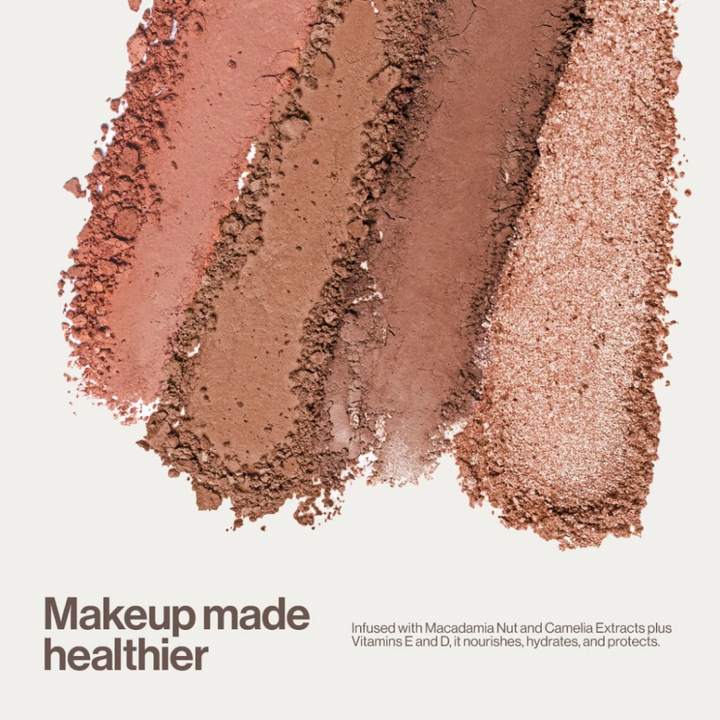 Close-up of makeup powder swatches with text about healthier makeup ingredients.