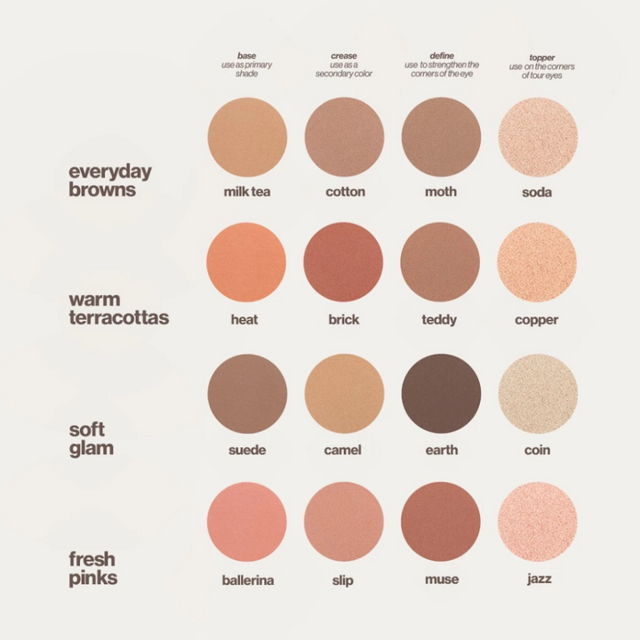 Color swatch chart with shades of browns, terracottas, and pinks on a white background.